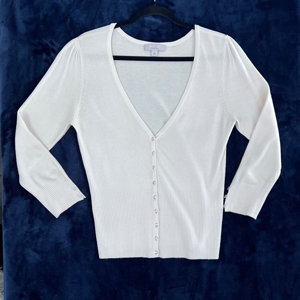 Caslon‎ Womens V Neck Button Front Cardigan Sweater Dressy Knit Top Ivory L